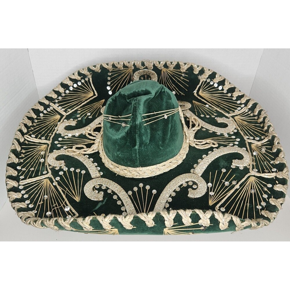 Vtg Authentic Pigalle Mexican Sombrero XXXXX Green Velvet Sequin